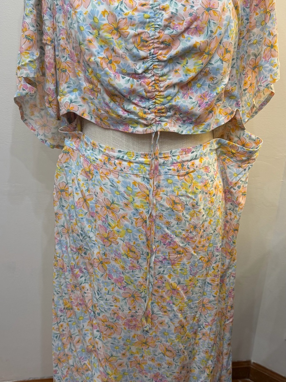Eloquii Pastel Floral Midi Skirt & Top Set - Light Blue, Pink, Yellow - Picture 2 of 7
